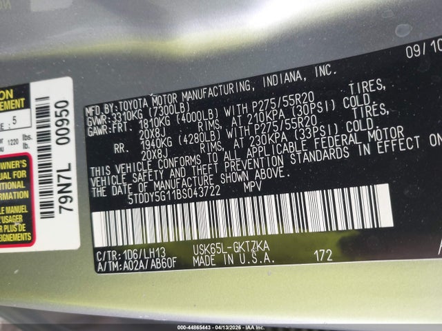 2011 TOYOTA SEQUOIA 5TDDY5G11BS043722 Photo 8