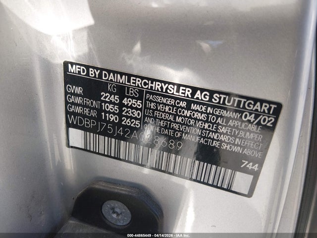 Aukcja sprzedaży 2002 Mercedes-benz Cl 500, vin: WDBPJ75J42A028689, numer aukcji: 44865449