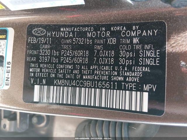 44865469 :رقم المزاد ، KM8NU4CC9BU165611 vin ، 2011 Hyundai Veracruz Limited مزاد بيع