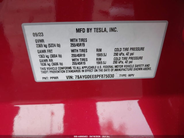 44865483 :رقم المزاد ، 7SAYGDEE8PF875030 vin ، 2023 Tesla Model Y Awd/long Range Dual Motor All-wheel Drive مزاد بيع