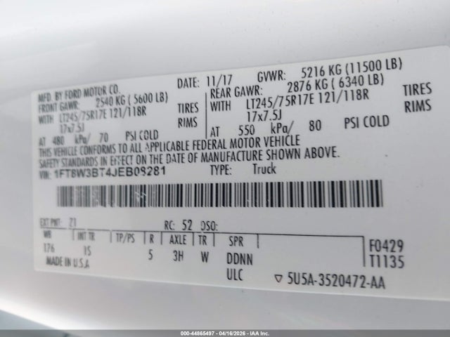 2018 Ford F-350 Xl მანქანა იყიდება აუქციონზე, vin: 1FT8W3BT4JEB08281, აუქციონის ნომერი: 44865497
