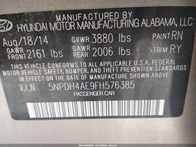 2015 Hyundai Elantra Limited მანქანა იყიდება აუქციონზე, vin: 5NPDH4AE9FH576385, აუქციონის ნომერი: 44865502