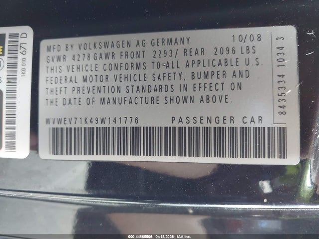 Aukcja sprzedaży 2009 Volkswagen Gti 2-door, vin: WVWEV71K49W141776, numer aukcji: 44865506