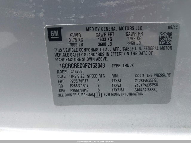 Aukcja sprzedaży 2015 Chevrolet Silverado 1500 1lt, vin: 1GCRCREC9FZ153048, numer aukcji: 44865508