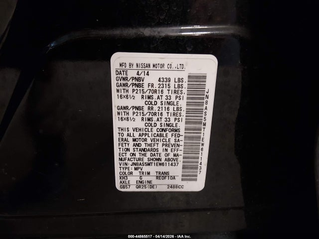 JN8AS5MT1EW611437 Nissan Rogue Select S