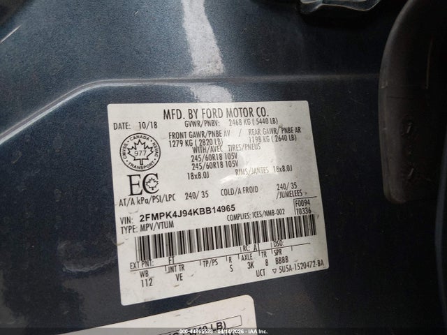 2019 Ford Edge Sel მანქანა იყიდება აუქციონზე, vin: 2FMPK4J94KBB14965, აუქციონის ნომერი: 44865523