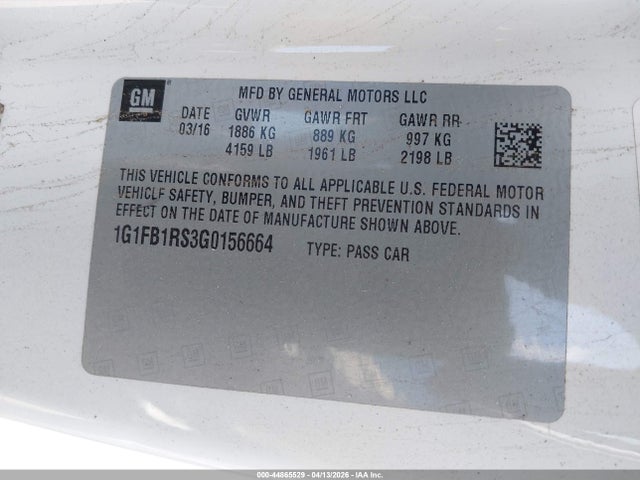 Aukcja sprzedaży 2016 Chevrolet Camaro 1lt, vin: 1G1FB1RS3G0156664, numer aukcji: 44865529
