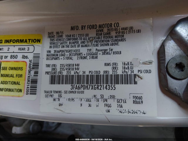 44865536 :رقم المزاد ، 3FA6P0H7XGR214355 vin ، 2016 Ford Fusion Se مزاد بيع