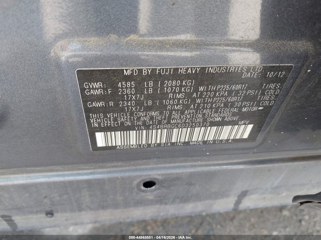 Aukcja sprzedaży 2013 Subaru Outback 2.5i Premium, vin: 4S4BRBGC6D3250370, numer aukcji: 44865551