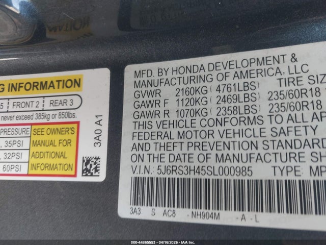 5J6RS3H45SL000985 Honda Cr-v Ex 2wd
