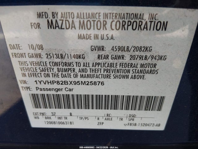 2009 Mazda Mazda6 S Touring მანქანა იყიდება აუქციონზე, vin: 1YVHP82BX95M25876, აუქციონის ნომერი: 44865563