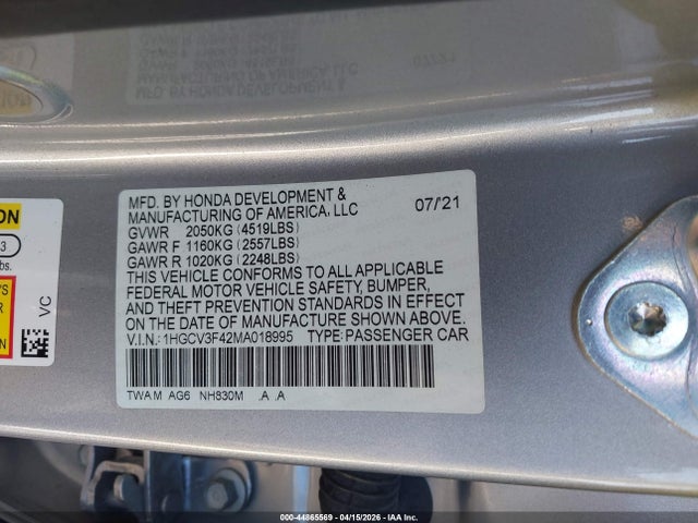 Aukcja sprzedaży 2021 Honda Accord Hybrid Ex, vin: 1HGCV3F42MA018995, numer aukcji: 44865569