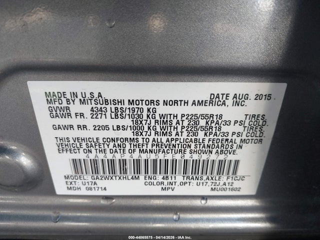 Продаж на аукціоні авто 2015 Mitsubishi Outlander Sport Se, vin: 4A4AP4AU5FE049272, номер лоту: 44865575