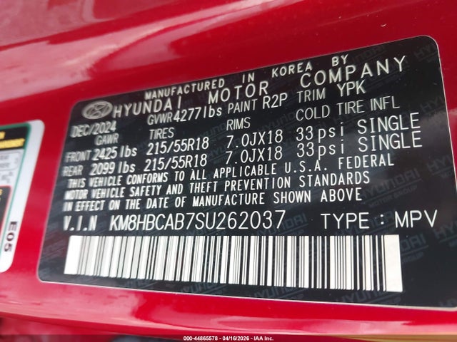 44865578 :رقم المزاد ، KM8HBCAB7SU262037 vin ، 2025 Hyundai Kona Sel مزاد بيع