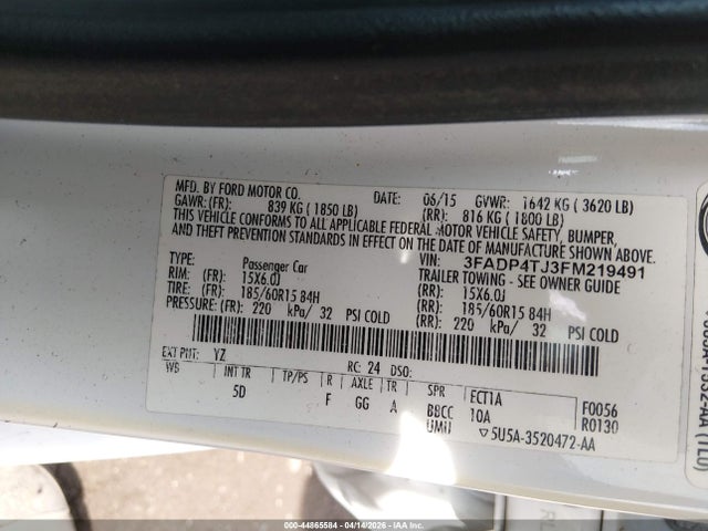 Aukcja sprzedaży 2015 Ford Fiesta S, vin: 3FADP4TJ3FM219491, numer aukcji: 44865584