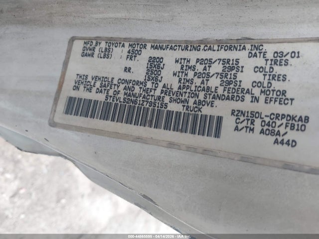 2001 Toyota Tacoma მანქანა იყიდება აუქციონზე, vin: 5TEVL52N61Z795155, აუქციონის ნომერი: 44865595