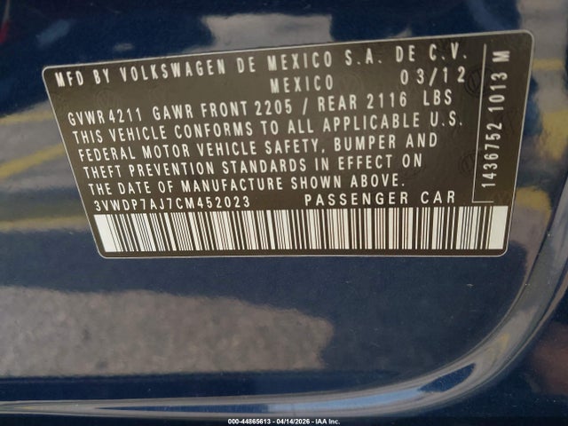 Продаж на аукціоні авто 2012 Volkswagen Jetta 2.5l Se, vin: 3VWDP7AJ7CM452023, номер лоту: 44865613