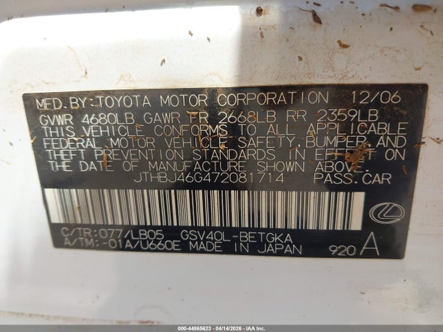 Auction sale of the 2007 Lexus Es 350, vin: JTHBJ46G472081714, lot number: 44865623