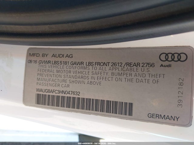44865630 :رقم المزاد ، WAUG8AFC3HN047632 vin ، 2017 Audi A6 2.0t Premium مزاد بيع