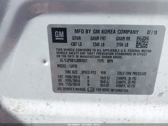 Продажа на аукционе авто 2020 Chevrolet Trax Awd Lt, vin: KL7CJPSB1LB004551, номер лота: 44865641
