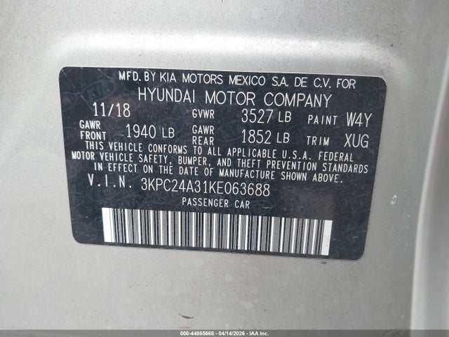 Aukcja sprzedaży 2019 Hyundai Accent Se, vin: 3KPC24A31KE063688, numer aukcji: 44865668