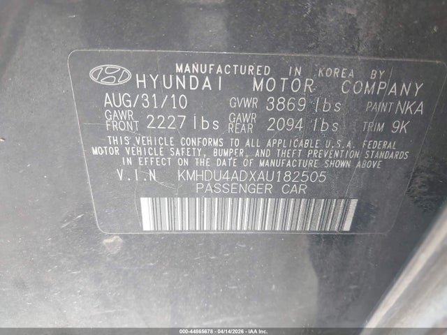 44865678 :رقم المزاد ، KMHDU4ADXAU182505 vin ، 2010 Hyundai Elantra Gls مزاد بيع