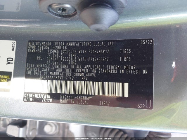 Aukcja sprzedaży 2022 Toyota Corolla Cross L, vin: 7MUAAAAG8NV017142, numer aukcji: 44865680