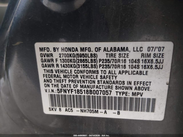 2008 Honda Pilot Ex-l მანქანა იყიდება აუქციონზე, vin: 5FNYF18518B007057, აუქციონის ნომერი: 44865681