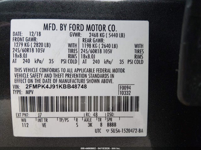 44865682 :رقم المزاد ، 2FMPK4J91KBB48748 vin ، 2019 Ford Edge Sel مزاد بيع
