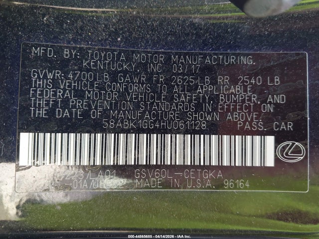 2017 Lexus Es 350 მანქანა იყიდება აუქციონზე, vin: 58ABK1GG4HU061128, აუქციონის ნომერი: 44865685