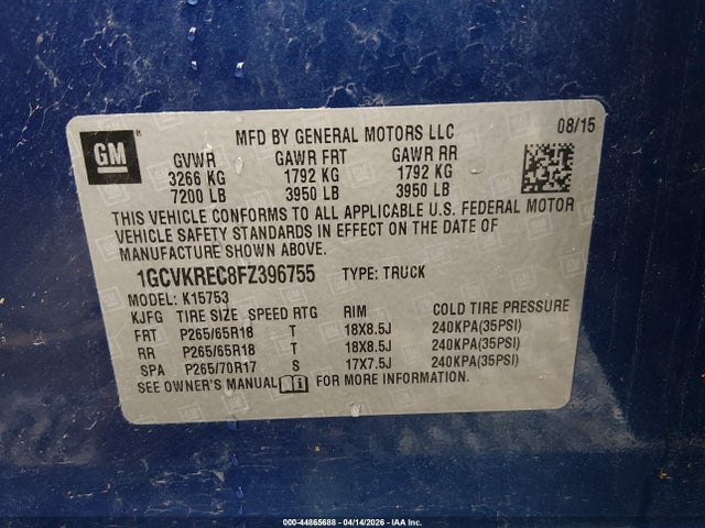 1GCVKREC8FZ396755 Chevrolet Silverado 1500 1lt