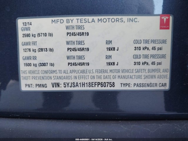 Продаж на аукціоні авто 2014 Tesla Model S P85, vin: 5YJSA1H18EFP60758, номер лоту: 44865691