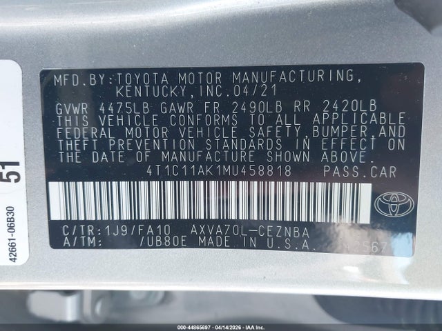 2021 Toyota Camry Le მანქანა იყიდება აუქციონზე, vin: 4T1C11AK1MU458818, აუქციონის ნომერი: 44865697
