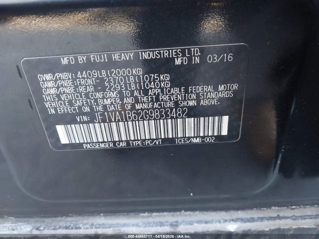 Продаж на аукціоні авто 2016 Subaru Wrx, vin: JF1VA1B62G9833482, номер лоту: 44865711