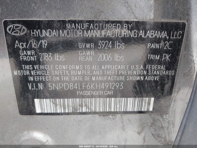 2019 Hyundai Elantra Sel მანქანა იყიდება აუქციონზე, vin: 5NPD84LF6KH491293, აუქციონის ნომერი: 44865713