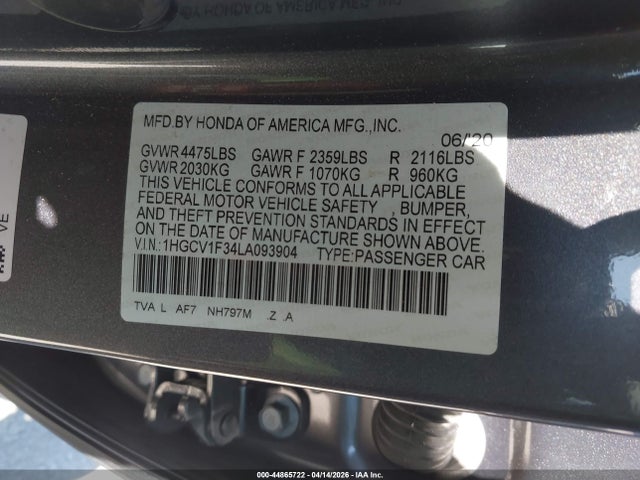 Продажа на аукционе авто 2020 Honda Accord Sport, vin: 1HGCV1F34LA093904, номер лота: 44865722