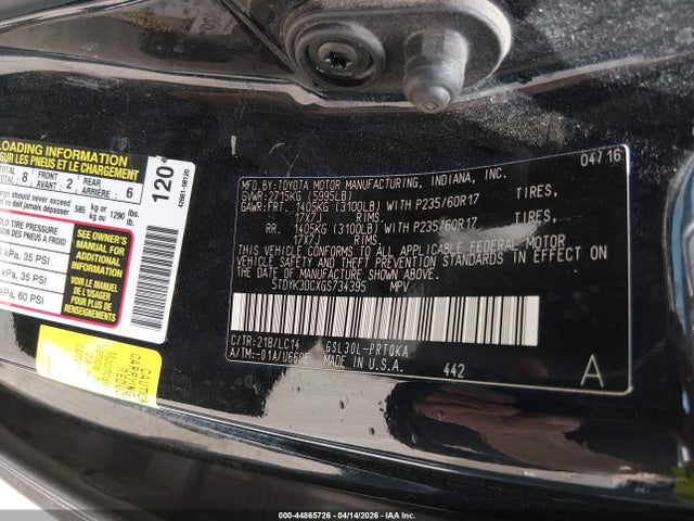Продаж на аукціоні авто 2016 Toyota Sienna Xle 8 Passenger, vin: 5TDYK3DCXGS734395, номер лоту: 44865726