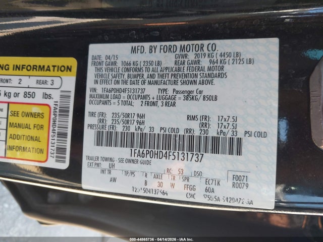 Продажа на аукционе авто 2015 Ford Fusion Se, vin: 1FA6P0HD4F5131737, номер лота: 44865736