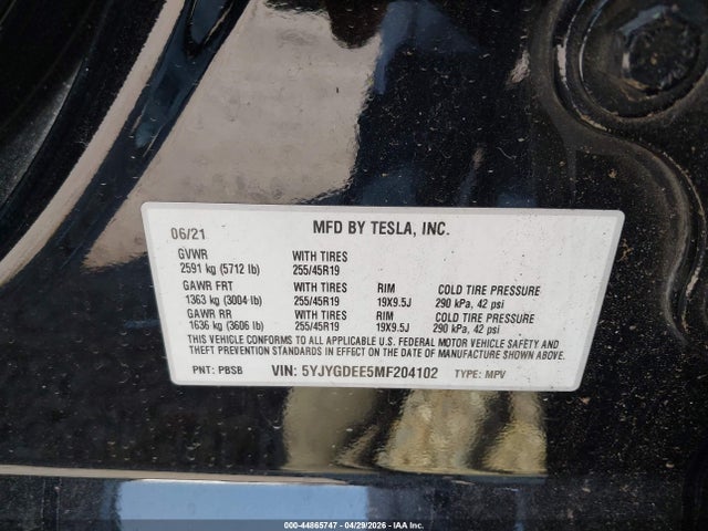 44865747 :رقم المزاد ، 5YJYGDEE5MF204102 vin ، 2021 Tesla Model Y Long Range Dual Motor All-wheel Drive مزاد بيع