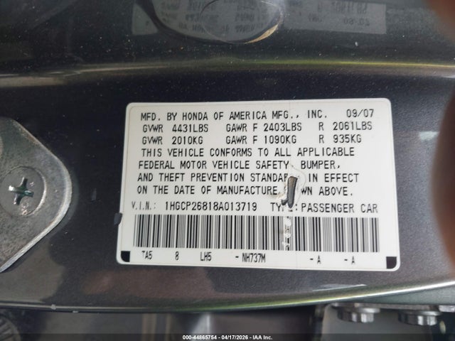Aukcja sprzedaży 2008 Honda Accord 2.4 Ex-l, vin: 1HGCP26818A013719, numer aukcji: 44865754