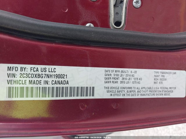 Продаж на аукціоні авто 2022 Dodge Charger Sxt Rwd, vin: 2C3CDXBG7NH190021, номер лоту: 44865756
