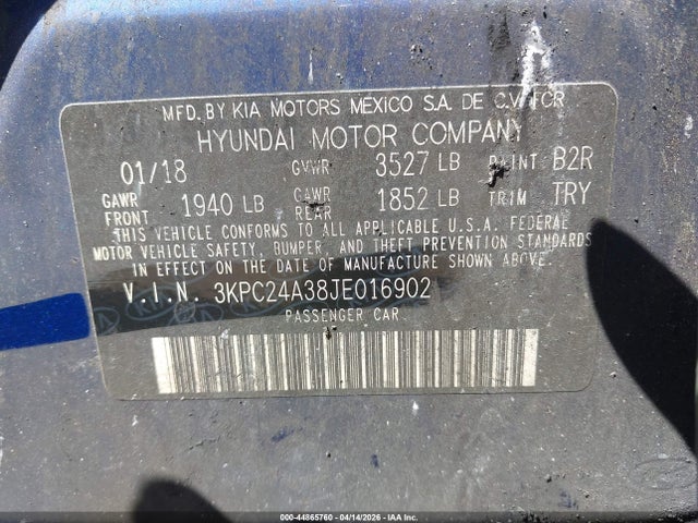 Продажа на аукционе авто 2018 Hyundai Accent Se, vin: 3KPC24A38JE016902, номер лота: 44865760