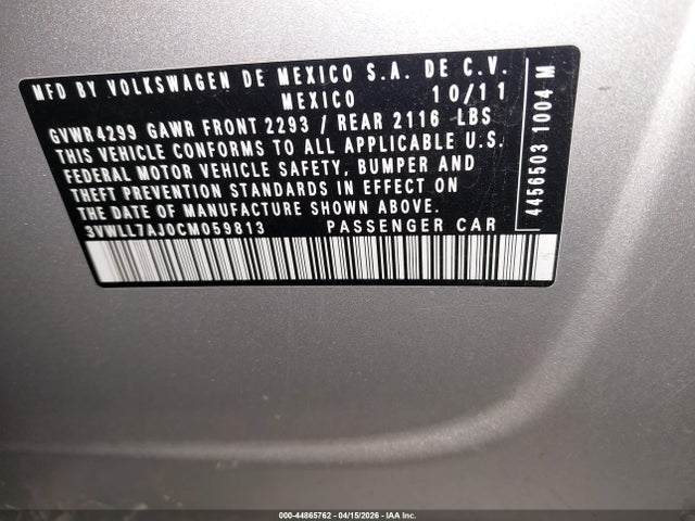 Aukcja sprzedaży 2012 Volkswagen Jetta 2.0l Tdi, vin: 3VWLL7AJ0CM059813, numer aukcji: 44865762