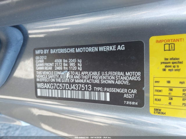 44865768 :رقم المزاد ، WBAKG7C57DJ437513 vin ، 2013 Bmw 335i مزاد بيع