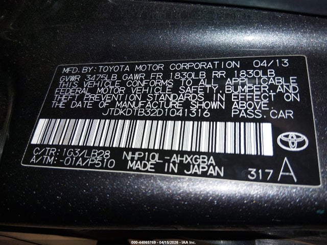 Auction sale of the 2013 Toyota Prius C Four, vin: JTDKDTB32D1041316, lot number: 44865769