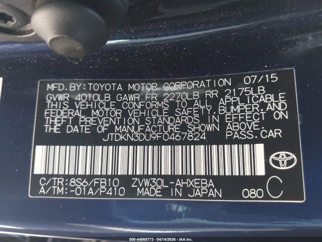 Toyota Prius Two 2015 JTDKN3DU9F0467824 Image 9