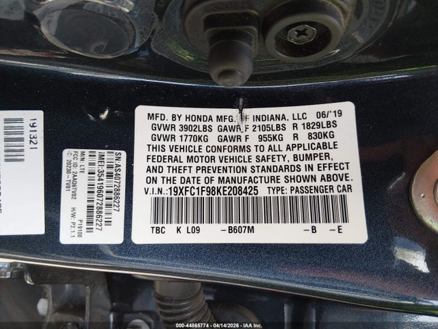 Aukcja sprzedaży 2019 Honda Civic Touring, vin: 19XFC1F98KE208425, numer aukcji: 44865774