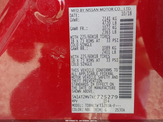 Продаж на аукціоні авто 2019 Nissan Rogue Sv, vin: 5N1AT2MV7KC725279, номер лоту: 44865776