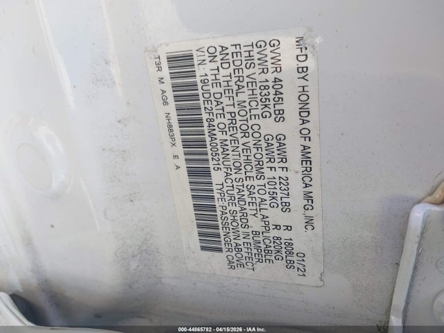 Aukcja sprzedaży 2021 Acura Ilx, vin: 19UDE2F84MA005215, numer aukcji: 44865782