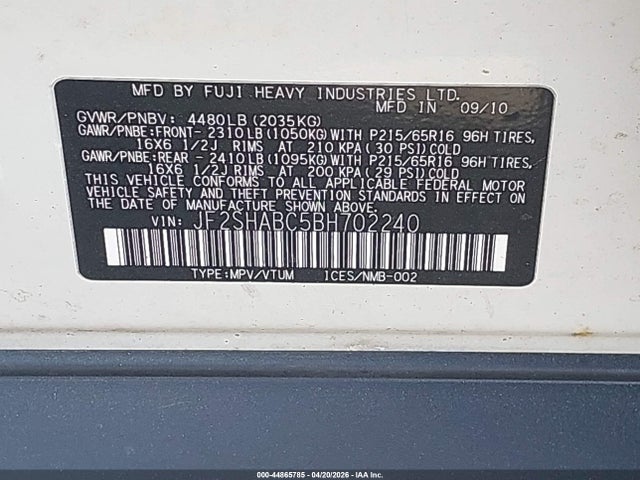 Продажа на аукционе авто 2011 Subaru Forester 2.5x, vin: JF2SHABC5BH702240, номер лота: 44865785